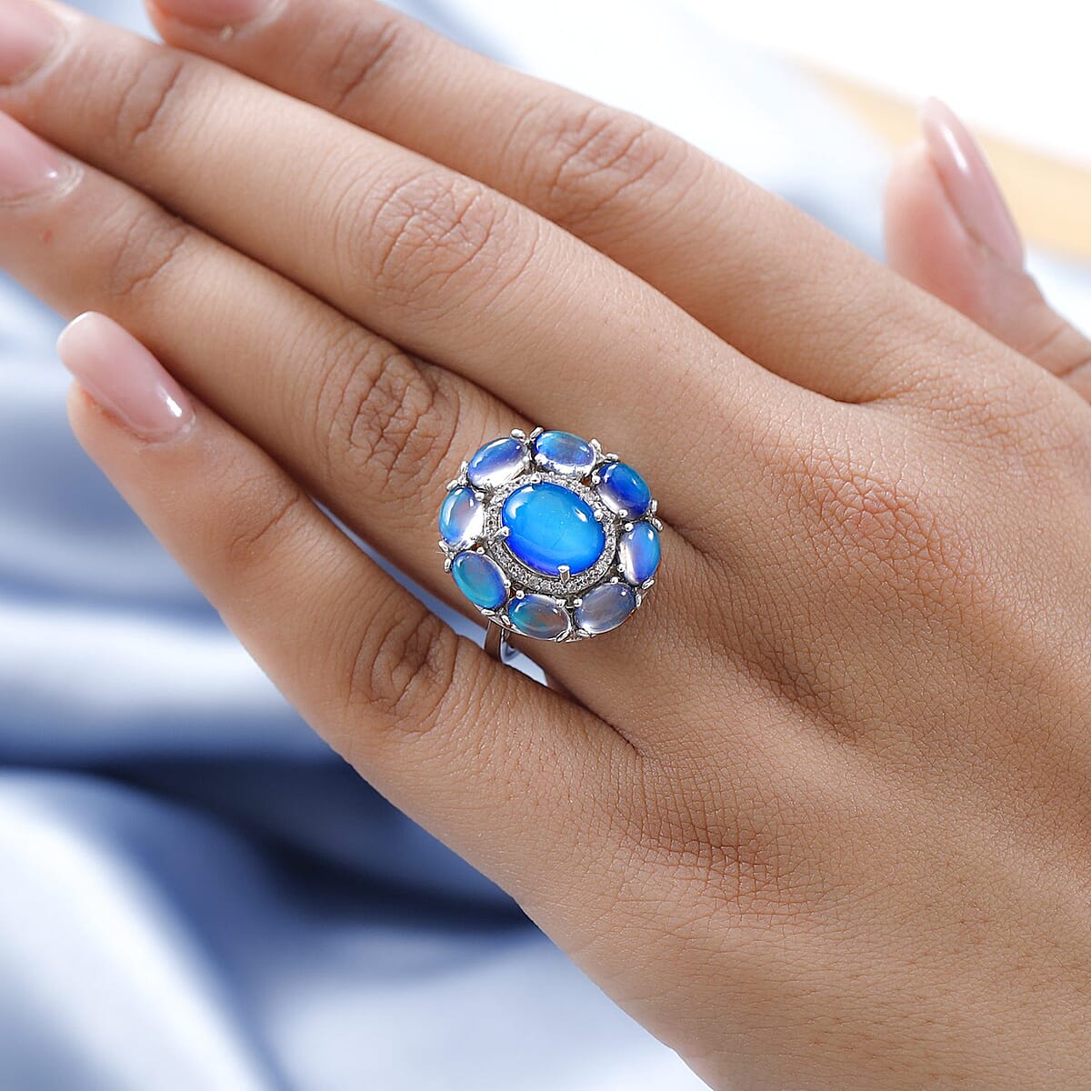 Aurora Moonstone, Natural White Zircon Ring in Platinum Over Sterling Silver (Size 6.0) 7.50 ctw image number 2