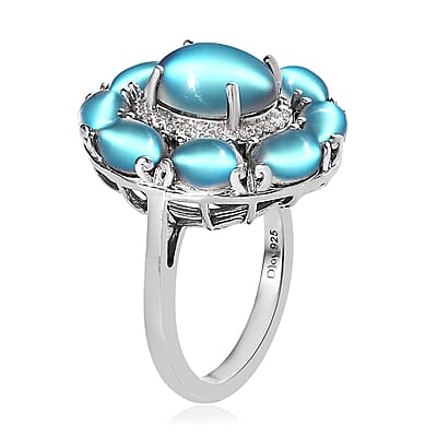 Aurora Moonstone (D) and White Zircon Cocktail Ring in Platinum Over Sterling Silver (Size 10.0) 7.50 ctw