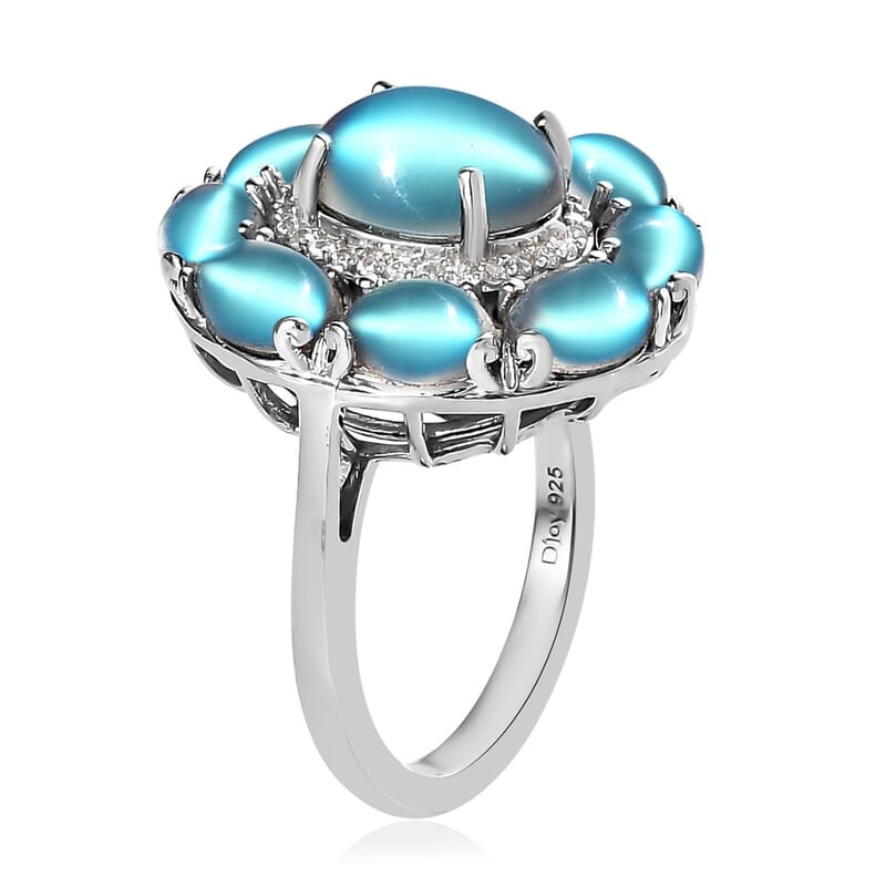 Aurora Moonstone (D) and White Zircon Cocktail Ring in Platinum Over Sterling Silver (Size 10.0) 7.50 ctw