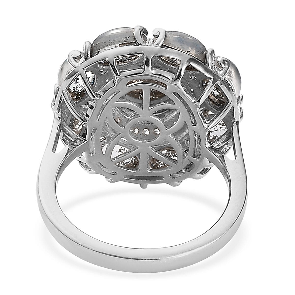 Aurora Moonstone (D) and White Zircon Cocktail Ring in Platinum Over Sterling Silver (Size 10.0) 7.50 ctw
