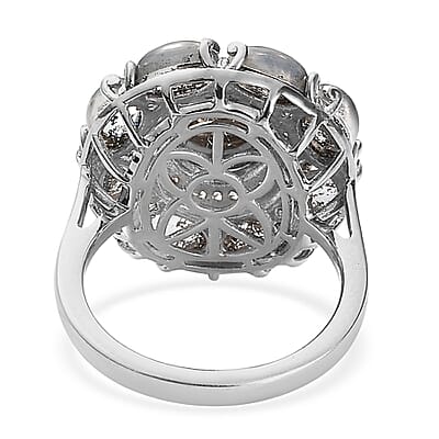 Aurora Moonstone (D) and White Zircon Cocktail Ring in Platinum Over Sterling Silver (Size 10.0) 7.50 ctw