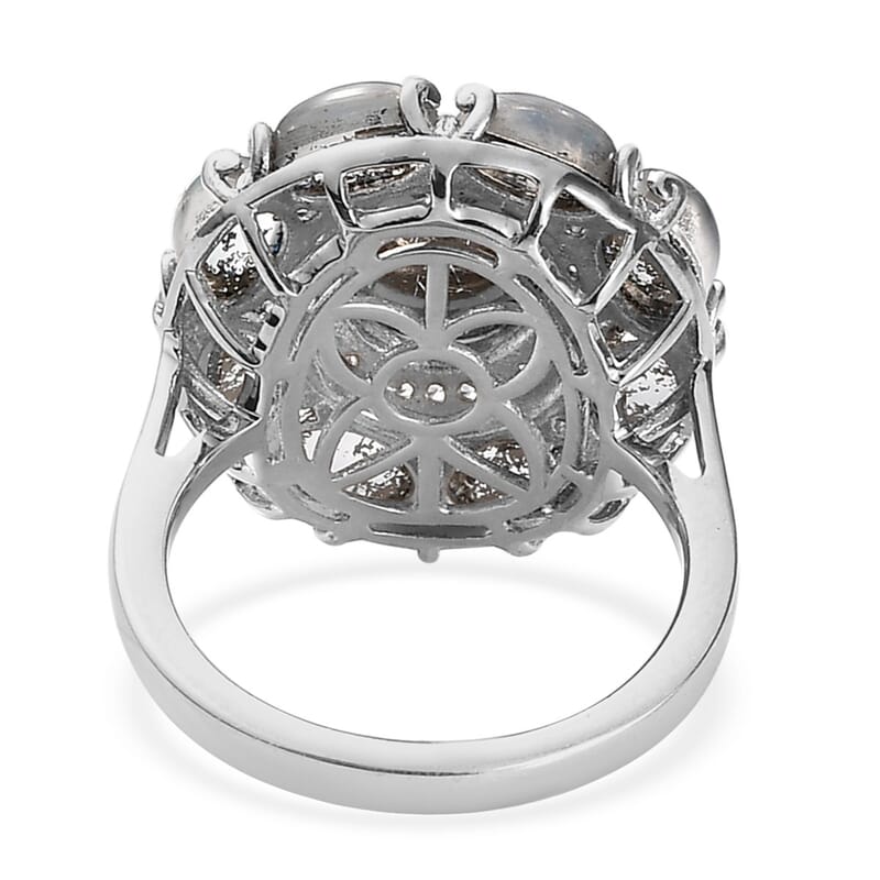 Aurora Moonstone (D) and White Zircon Cocktail Ring in Platinum Over Sterling Silver (Size 10.0) 7.50 ctw