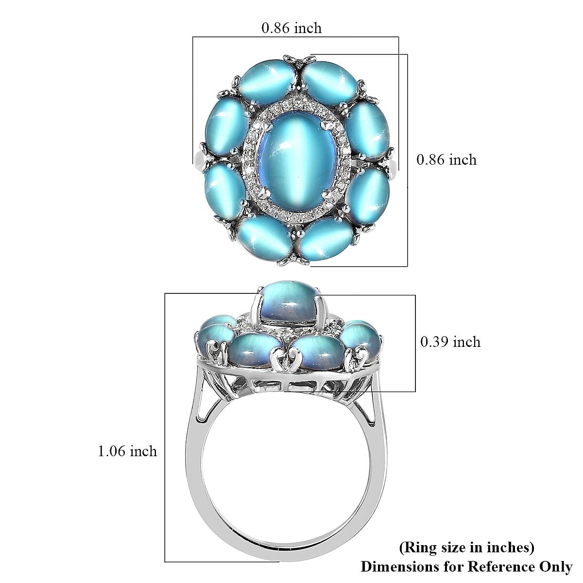Aurora Moonstone (D) and White Zircon Cocktail Ring in Platinum Over Sterling Silver (Size 10.0) 7.50 ctw