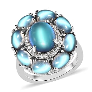 Aurora Moonstone (D) and White Zircon Cocktail Ring in Platinum Over Sterling Silver (Size 7.0) 7.50 ctw