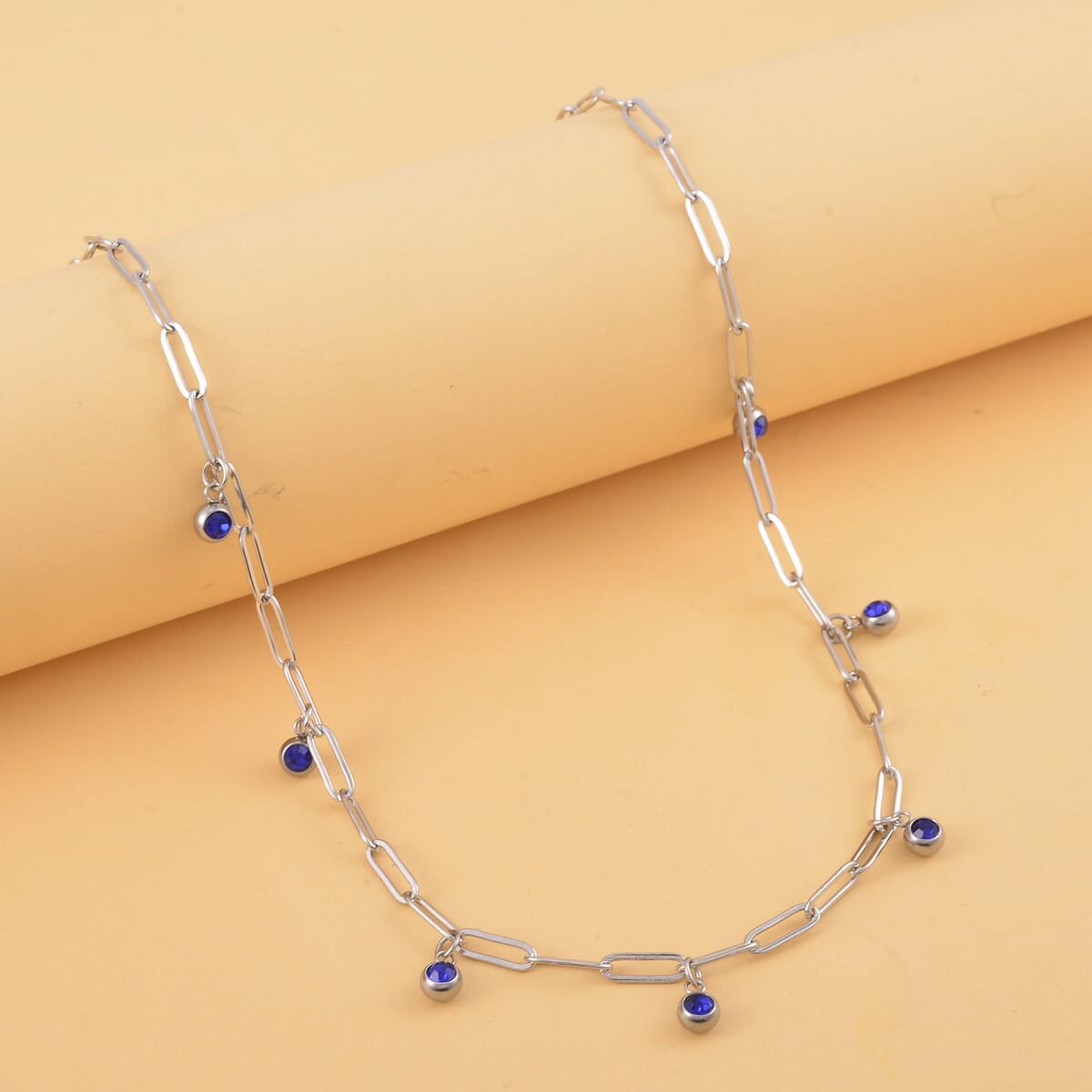 Austrian Crystal Paper Clip Chain Station Necklace 20-22 Inches in Stainless Steel image number 1