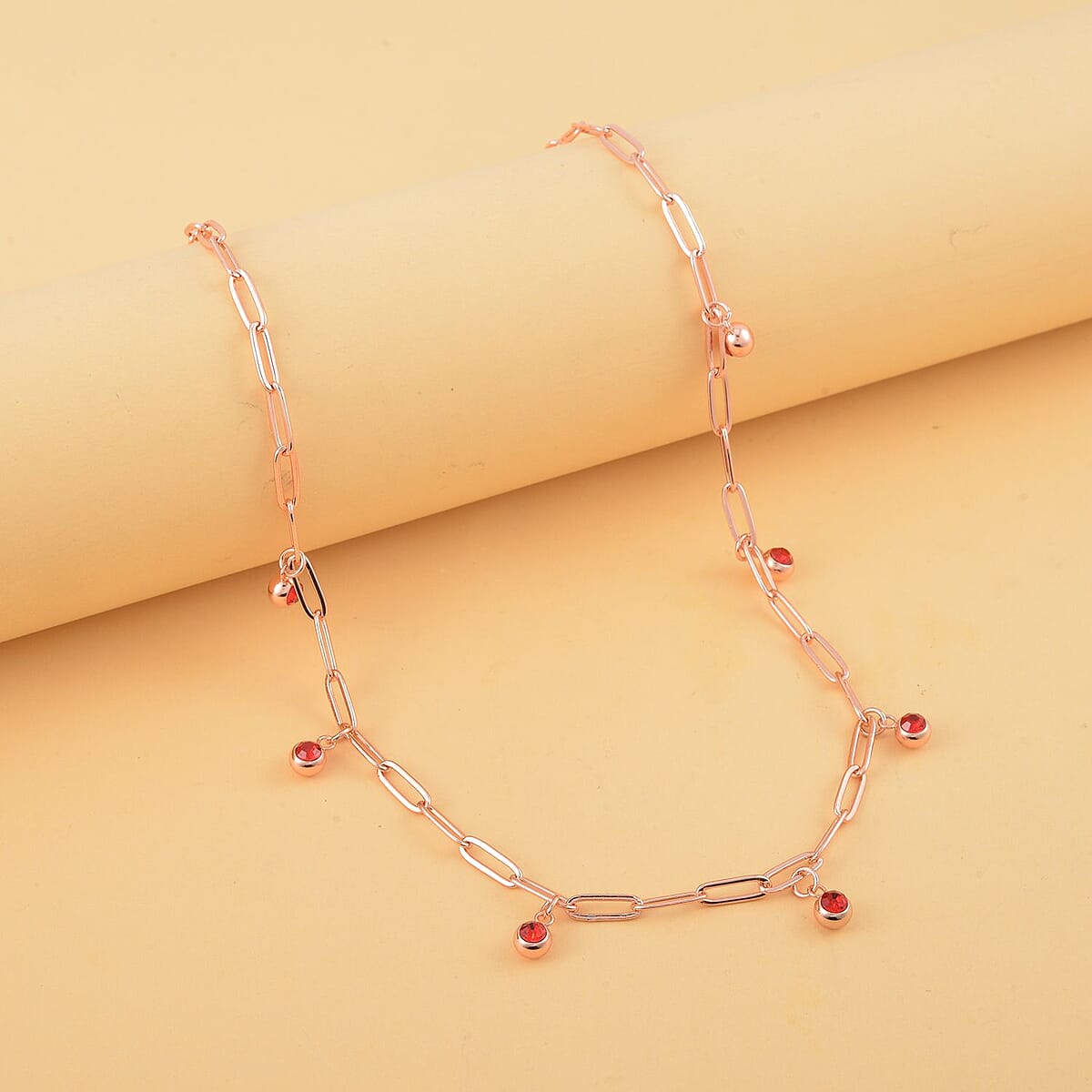 Red Austrian Crystal Paper Clip Chain Station Necklace (20-22 Inches) in ION Plated RG Stainless Steel , Tarnish-Free, Waterproof, Sweat Proof Jewelry image number 1
