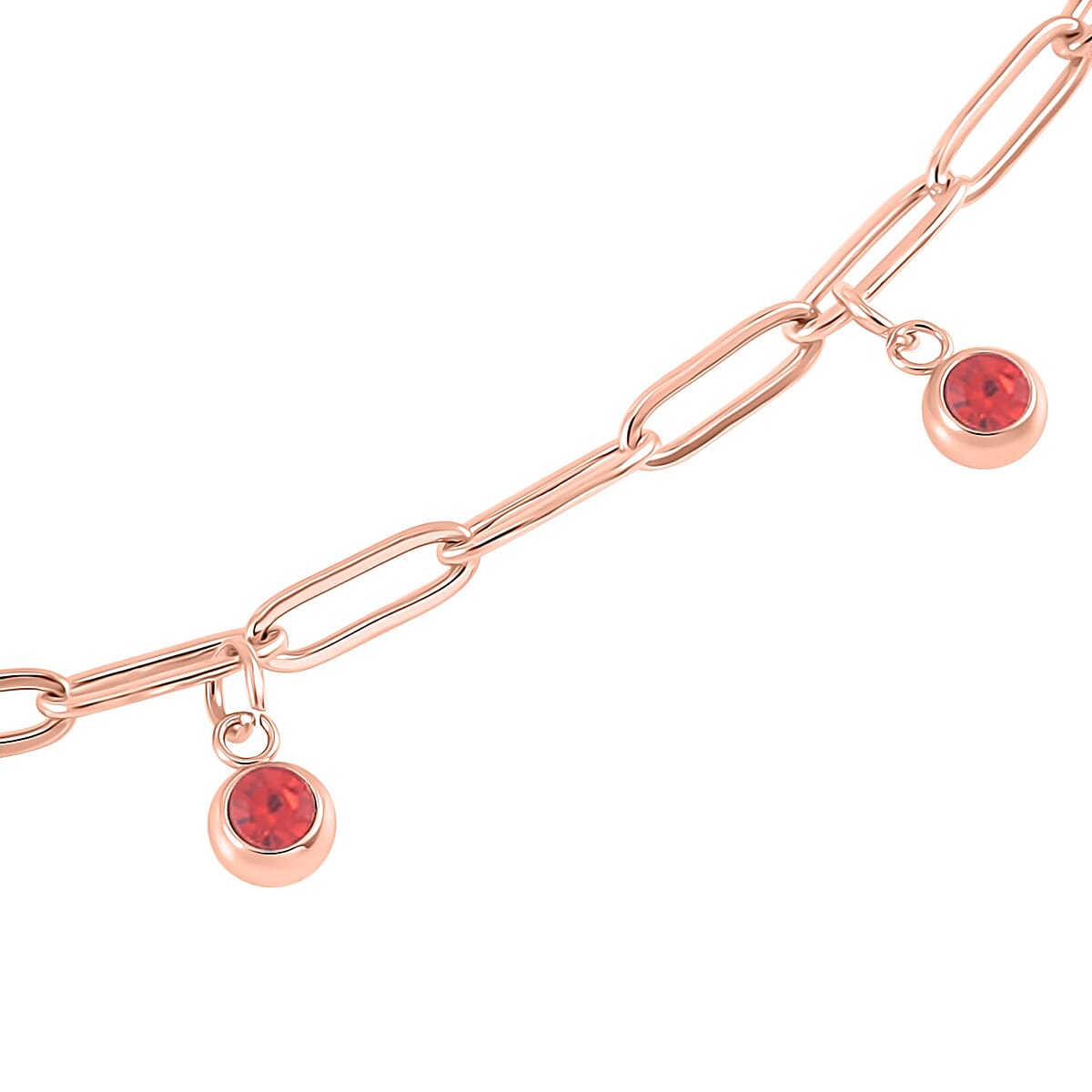 Red Austrian Crystal Paper Clip Chain Station Necklace (20-22 Inches) in ION Plated RG Stainless Steel , Tarnish-Free, Waterproof, Sweat Proof Jewelry image number 2