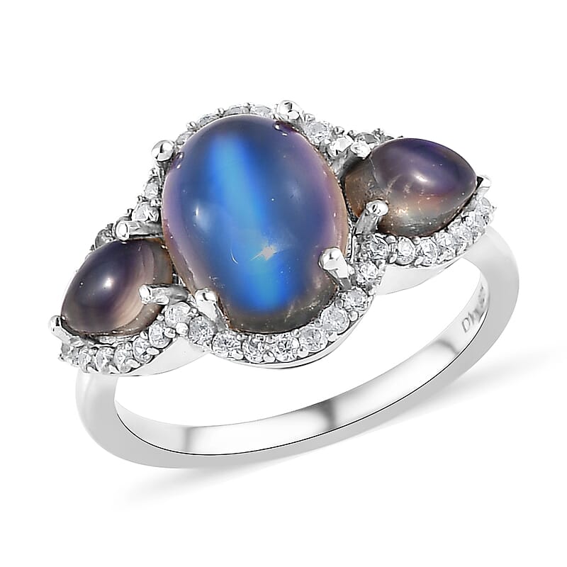 Aurora Moonstone (D) and White Zircon Ring in Platinum Over Sterling Silver (Size 10.0) 4.40 ctw