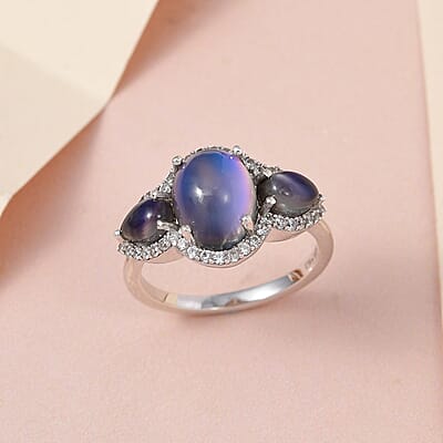 Aurora Moonstone (D) and White Zircon Ring in Platinum Over Sterling Silver (Size 10.0) 4.40 ctw