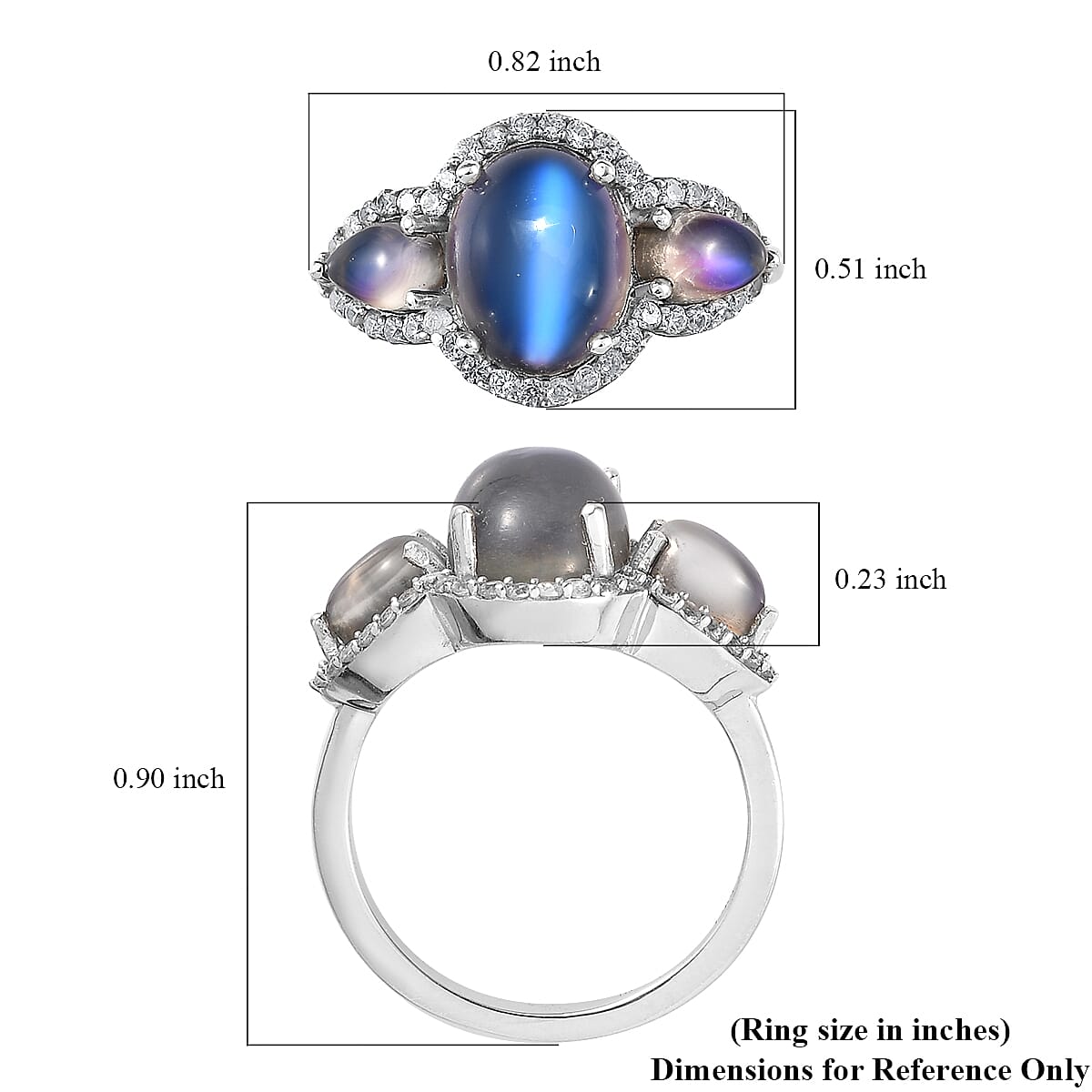 Aurora Moonstone (D) and White Zircon Ring in Platinum Over Sterling Silver (Size 10.0) 4.40 ctw image number 5