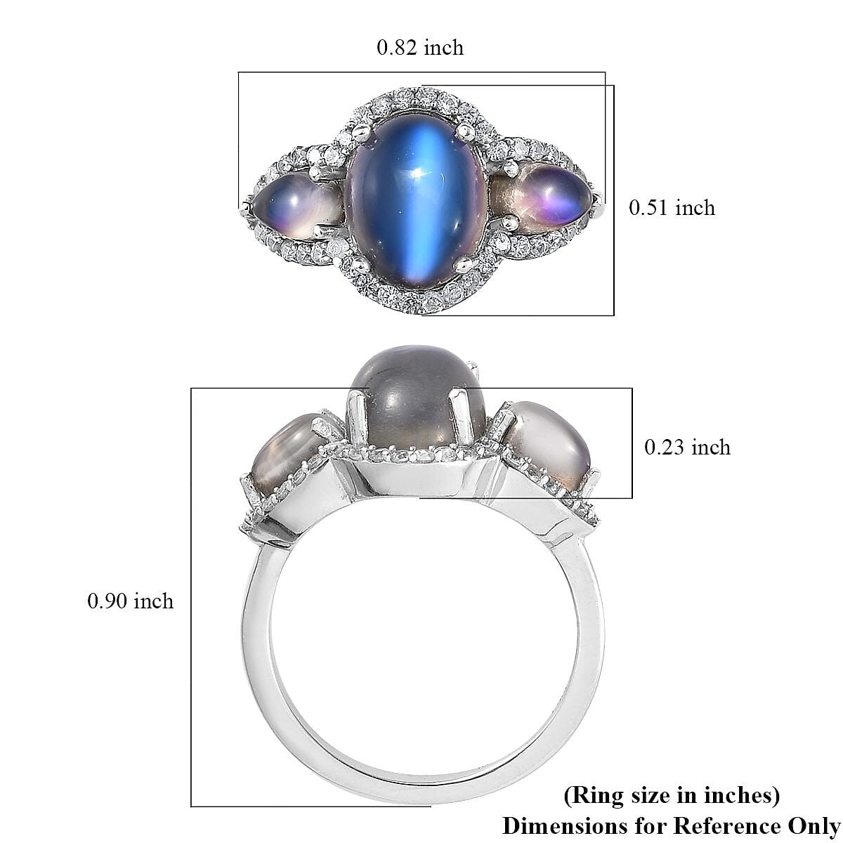 Aurora Moonstone (D) and White Zircon Ring in Platinum Over Sterling Silver (Size 7.0) 4.40 ctw image number 5
