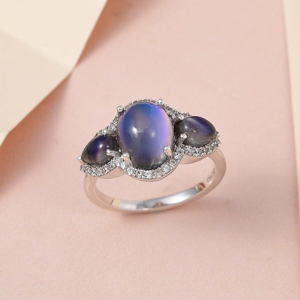 Aurora Moonstone (D) and White Zircon Ring in Platinum Over Sterling Silver (Size 8.0) 4.40 ctw image number 1