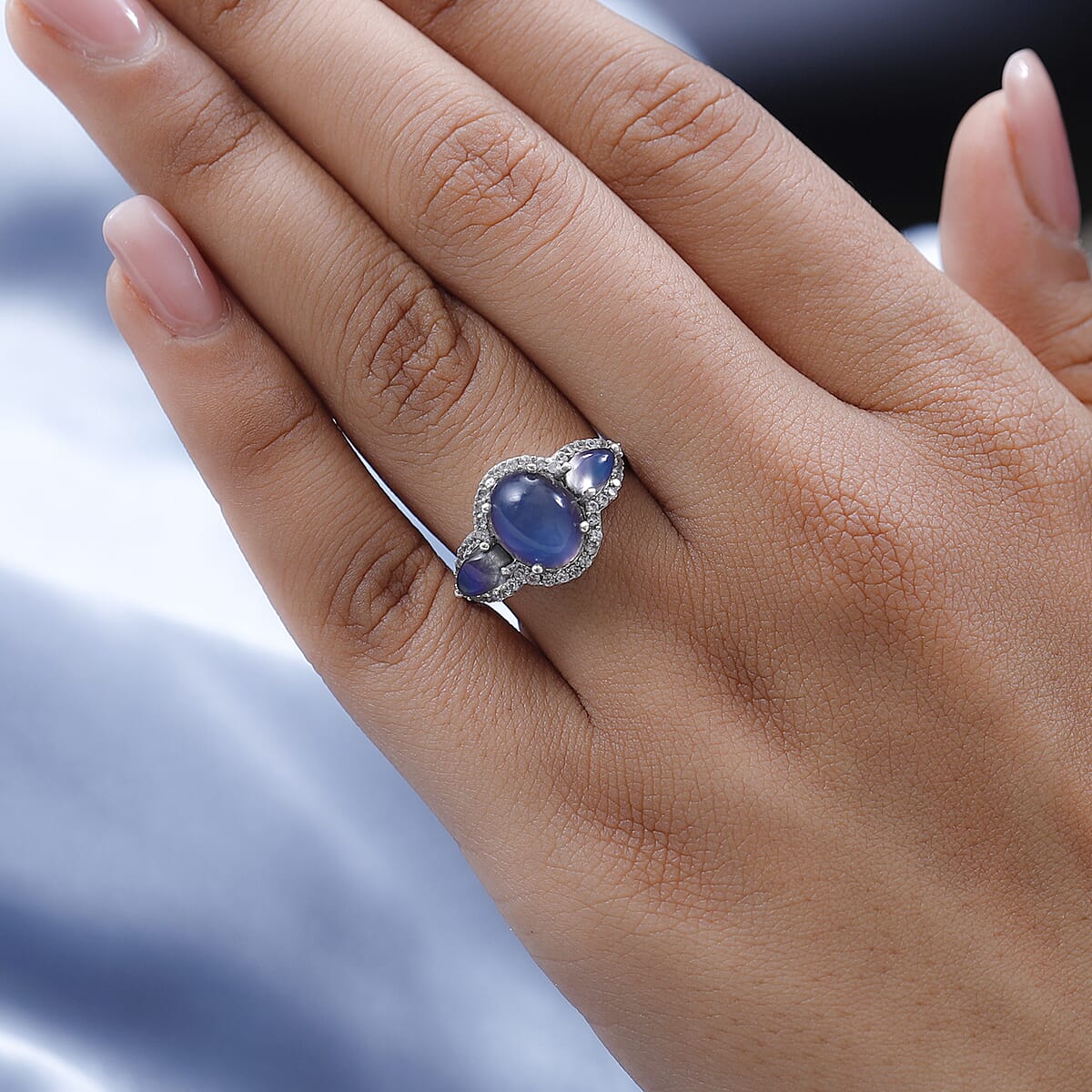 Aurora Moonstone (D) and White Zircon Ring in Platinum Over Sterling Silver (Size 8.0) 4.40 ctw image number 2