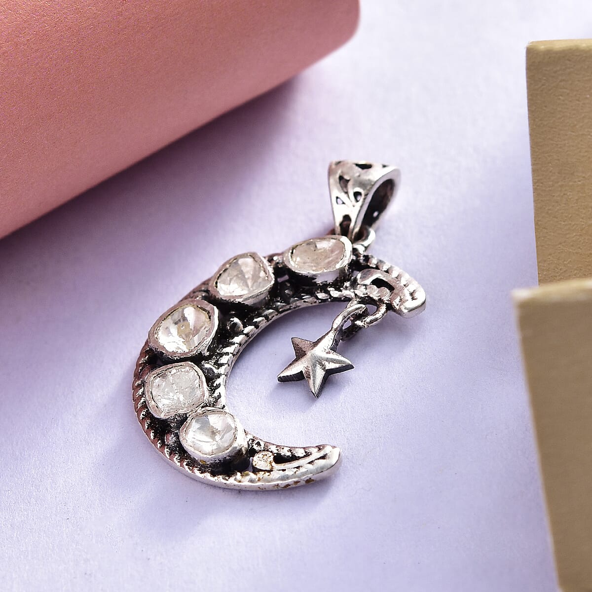 Artisan Crafted Polki Diamond Star and Moon Pendant in Sterling Silver 0.50 ctw image number 1