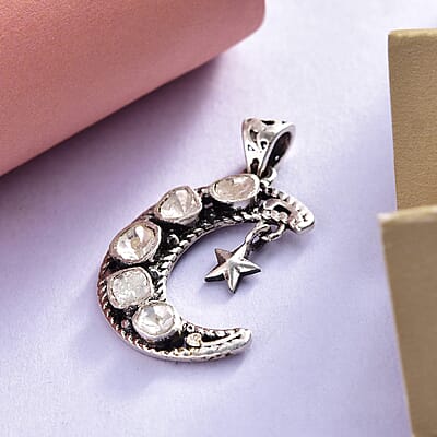 Artisan Crafted Polki Diamond Star and Moon Pendant in Sterling Silver 0.50 ctw
