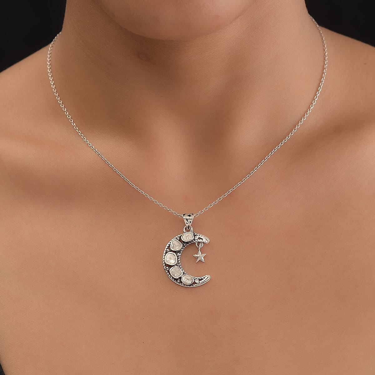 Artisan Crafted Polki Diamond Star and Moon Pendant in Sterling Silver 0.50 ctw image number 2