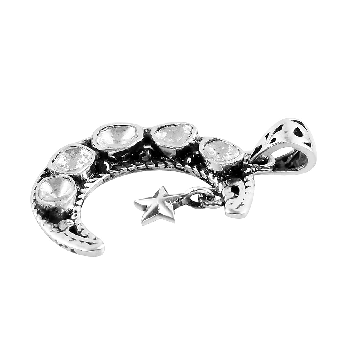Artisan Crafted Polki Diamond Star and Moon Pendant in Sterling Silver 0.50 ctw image number 3
