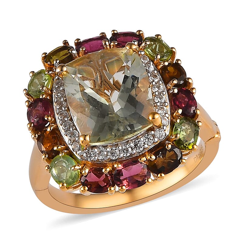 AAA Montezuma Prasiolite, Multi-Tourmaline and White Zircon Openable Band Ring in Vermeil Yellow Gold Over Sterling Silver (Size 10.0) 8.00 ctw
