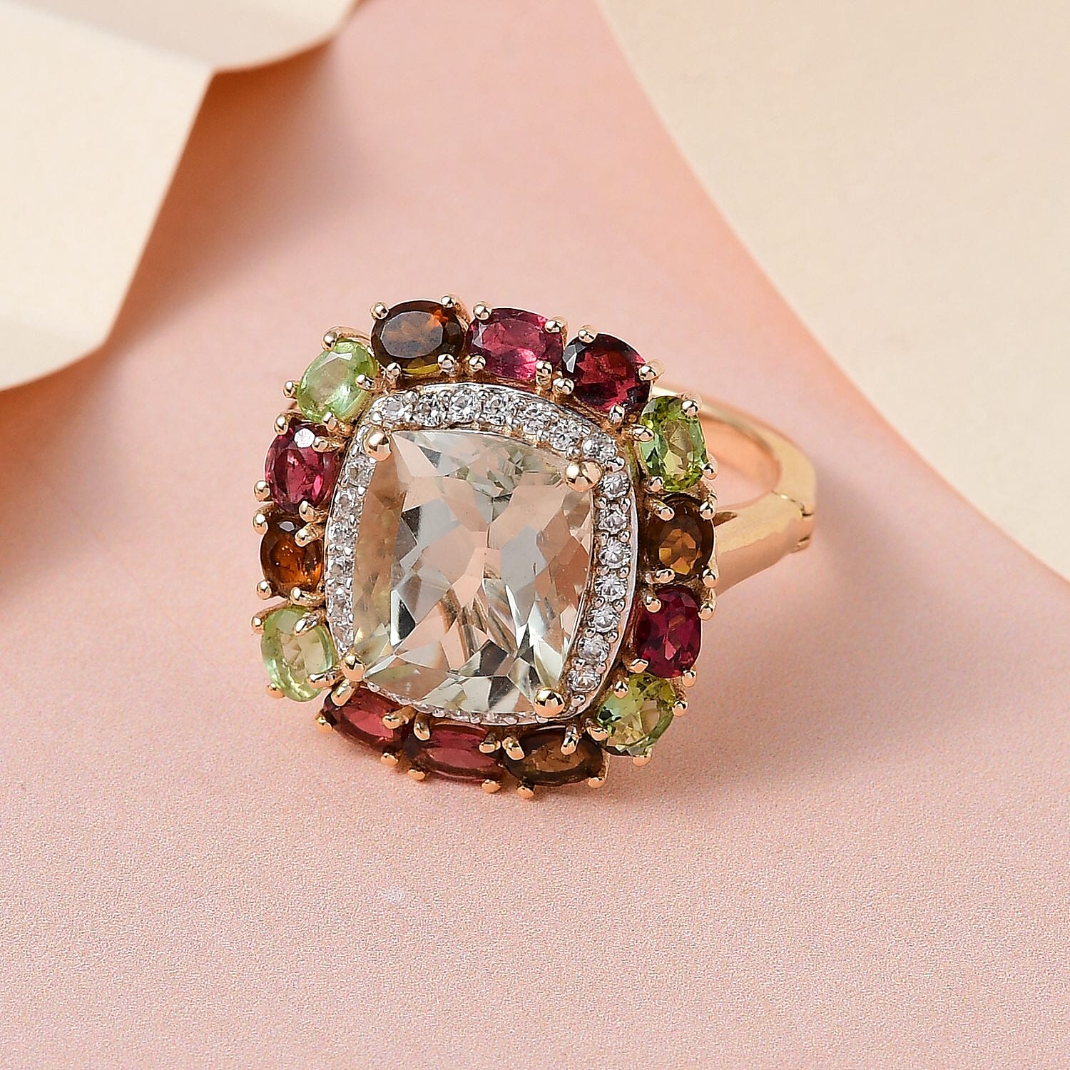 AAA Montezuma Prasiolite, Multi-Tourmaline and White Zircon Openable Band Ring in Vermeil Yellow Gold Over Sterling Silver (Size 10.0) 8.00 ctw