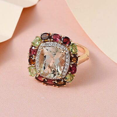 AAA Montezuma Prasiolite, Multi-Tourmaline and White Zircon Openable Band Ring in Vermeil Yellow Gold Over Sterling Silver (Size 10.0) 8.00 ctw