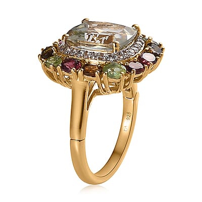 AAA Montezuma Prasiolite, Multi-Tourmaline and White Zircon Openable Band Ring in Vermeil Yellow Gold Over Sterling Silver (Size 10.0) 8.00 ctw