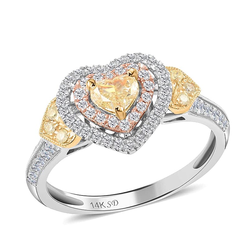 14K Yellow, Rose and White Gold Natural Yellow, Pink and White Diamond (I2) Ring (Size 6.0) 0.75 ctw