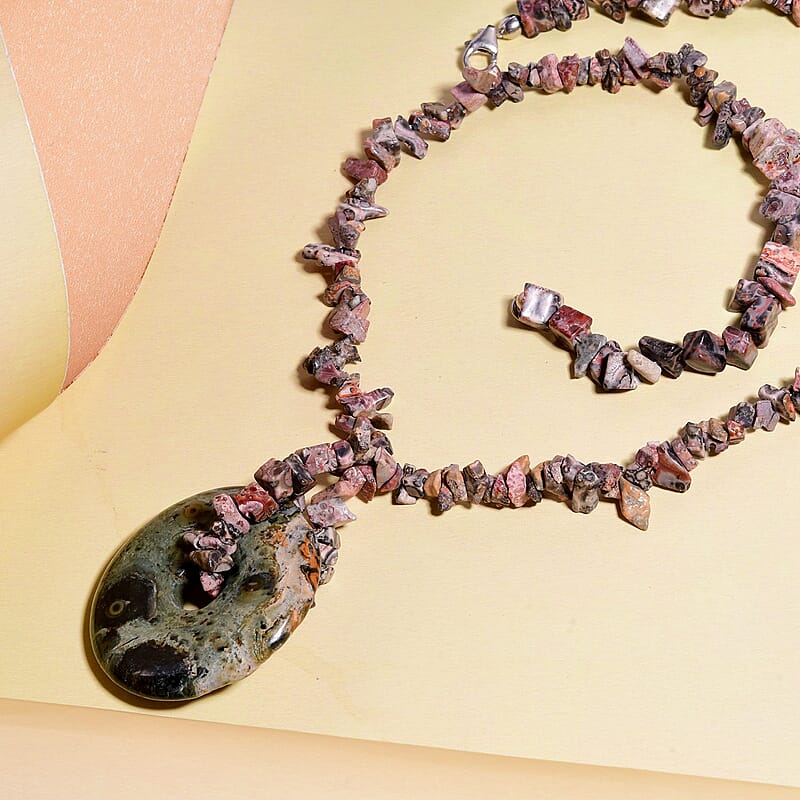 Jasper and Rhodonite Beaded and Chips Necklace 20 Inches in Sterling Silver 209.50 ctw