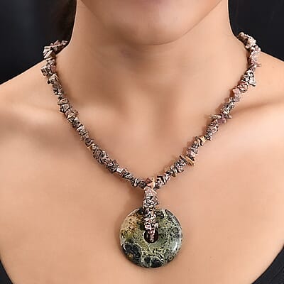 Jasper and Rhodonite Beaded and Chips Necklace 20 Inches in Sterling Silver 209.50 ctw