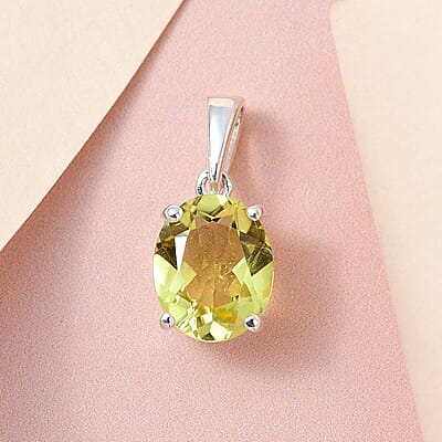 Brazilian Green Gold Quartz Solitaire Pendant in Sterling Silver 2.40 ctw