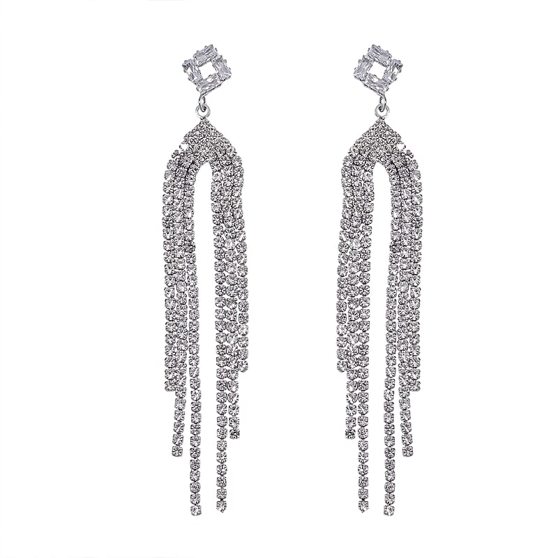 Simulated Diamond Tassel Drop Earrings in Silvertone
