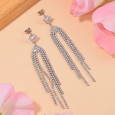 Simulated Diamond Tassel Drop Earrings in Silvertone