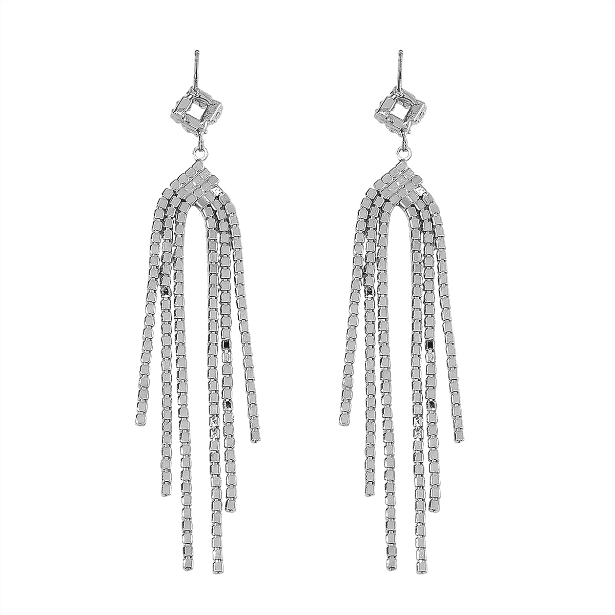 Simulated Diamond Tassel Drop Earrings in Silvertone
