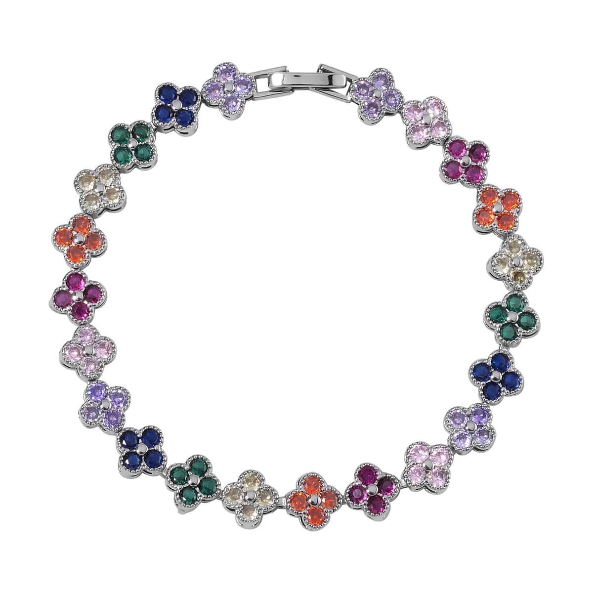 Simulated Multi Color Diamond Floral Bracelet in Silvertone (7.50 In) 10.00 ctw image number 0