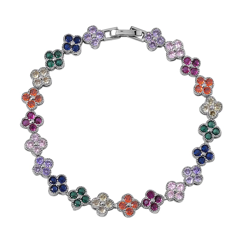 Simulated Multi Color Diamond Floral Bracelet in Silvertone (7.50 In) 10.00 ctw