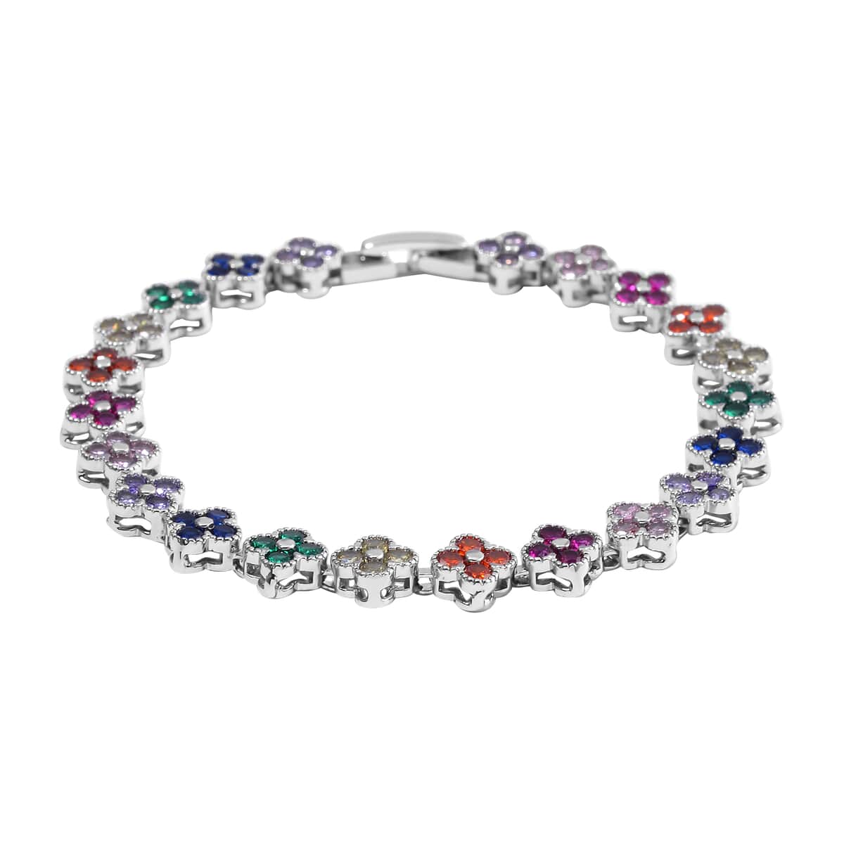 Simulated Multi Color Diamond Floral Bracelet in Silvertone (7.50 In) 10.00 ctw image number 2