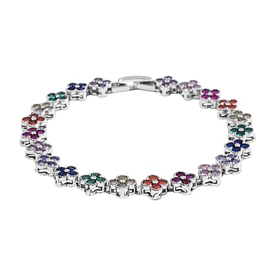 Simulated Multi Color Diamond Floral Bracelet in Silvertone (7.50 In) 10.00 ctw