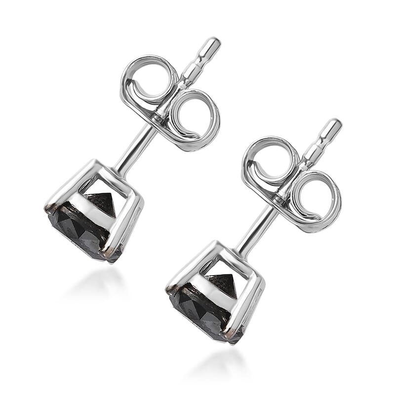 Ankur Treasure Chest Premium Black Diamond Solitaire Stud Earrings in Platinum Over Sterling Silver 1.00 ctw