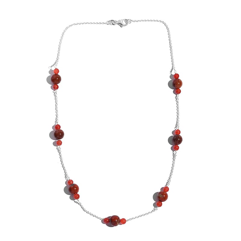 Red Jasper and Red Agate Necklace 18 Inches in Sterling Silver 35.30 ctw