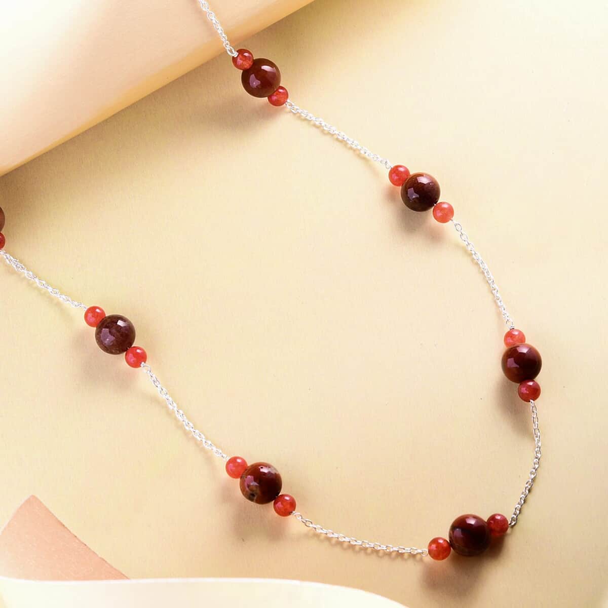 Red Jasper and Red Agate Necklace 18 Inches in Sterling Silver 35.30 ctw image number 1