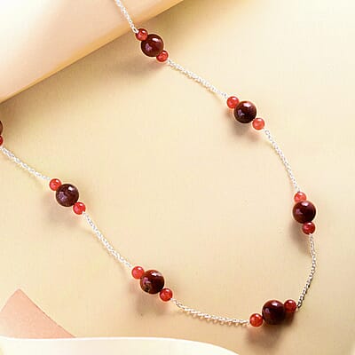 Red Jasper and Red Agate Necklace 18 Inches in Sterling Silver 35.30 ctw