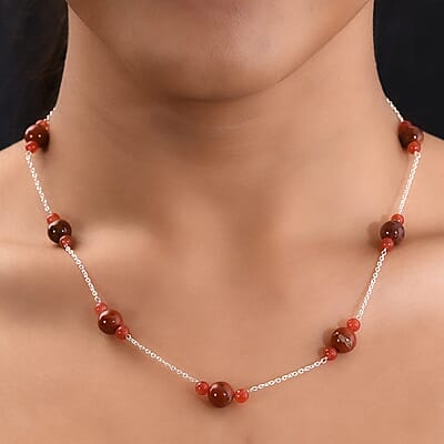 Red Jasper and Red Agate Necklace 18 Inches in Sterling Silver 35.30 ctw