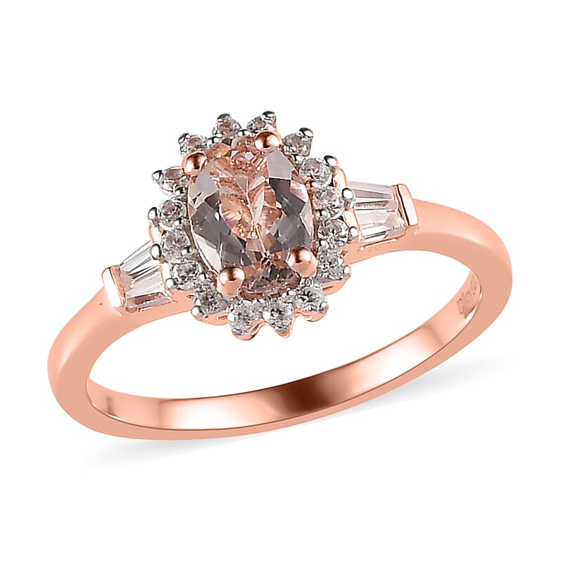 Premium Marropino Morganite and Natural White Zircon Sunburst Ring in Vermeil Rose Gold Over Sterling Silver (Size 10.0) 1.10 ctw