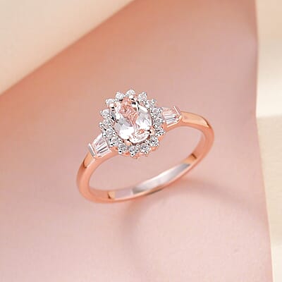 Premium Marropino Morganite and Natural White Zircon Sunburst Ring in Vermeil Rose Gold Over Sterling Silver (Size 10.0) 1.10 ctw