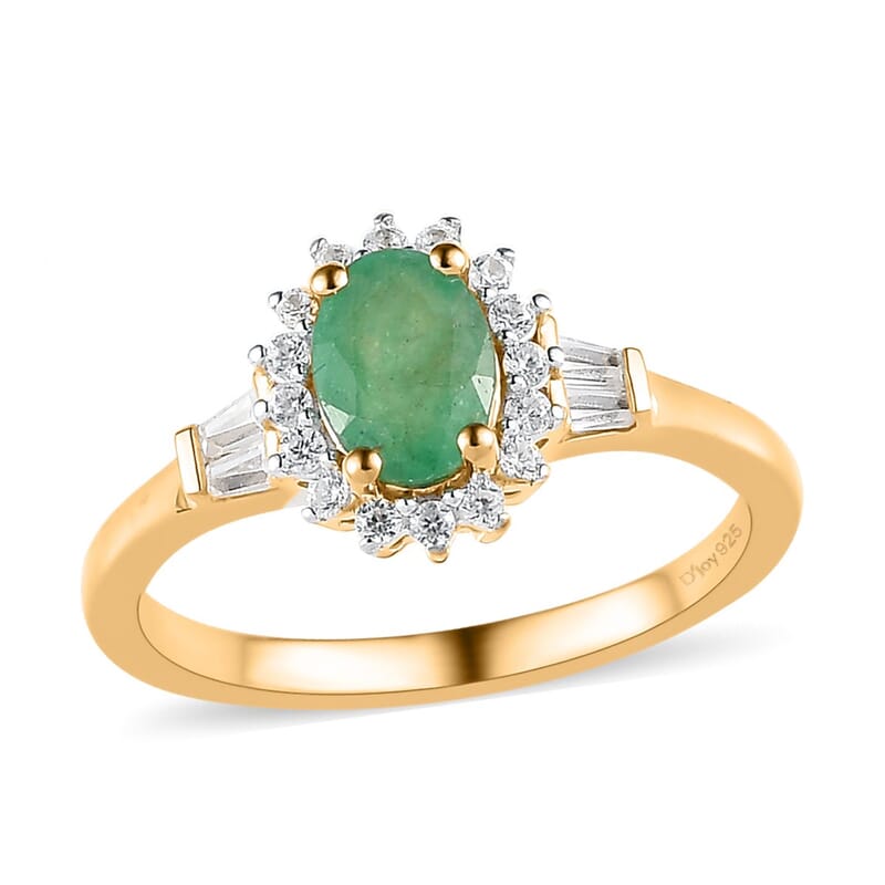 Kagem Zambian Emerald and White Zircon Ring in Vermeil Yellow Gold Over Sterling Silver (Size 7.0) 1.15 ctw