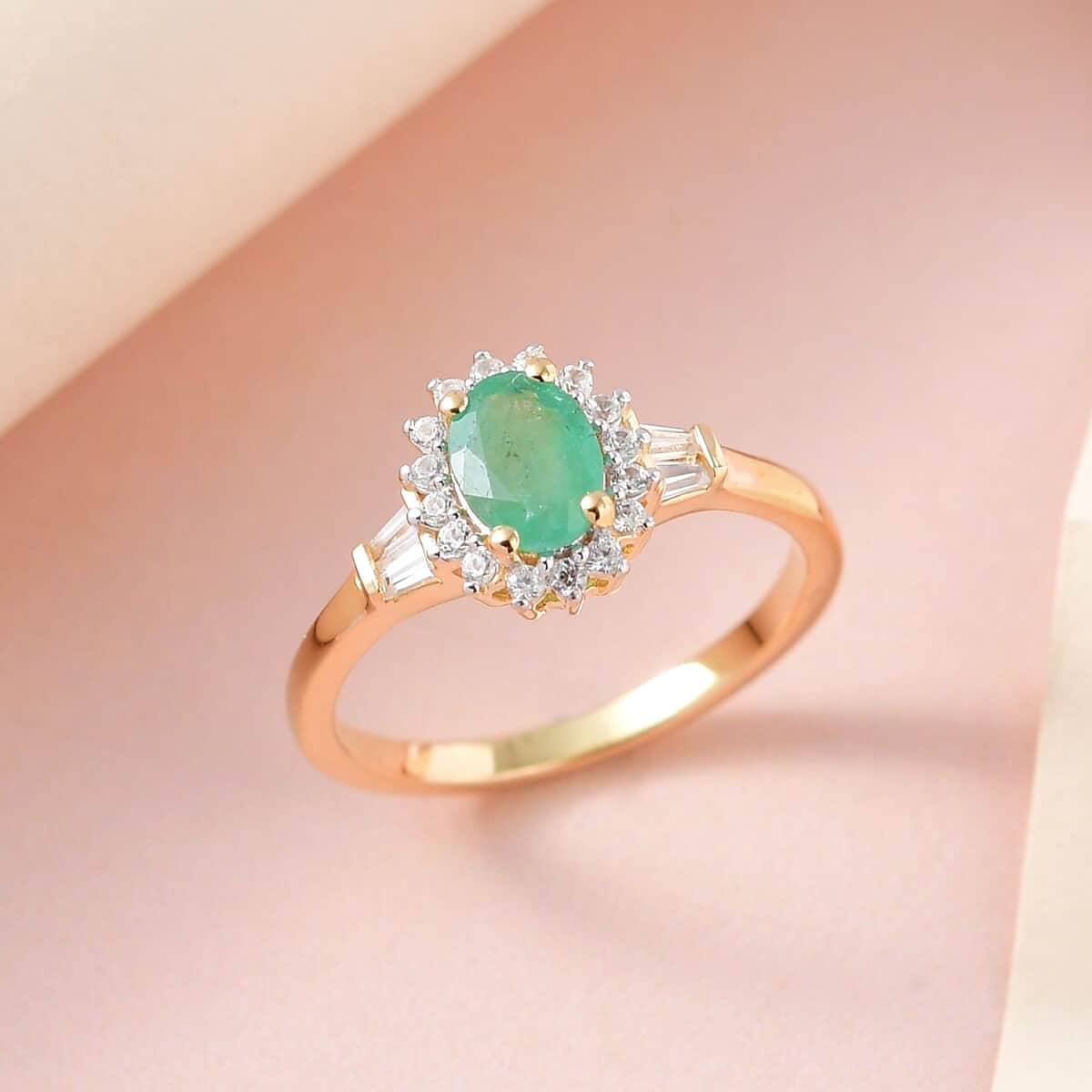 Kagem Zambian Emerald and White Zircon Ring in Vermeil Yellow Gold Over Sterling Silver (Size 7.0) 1.15 ctw image number 1