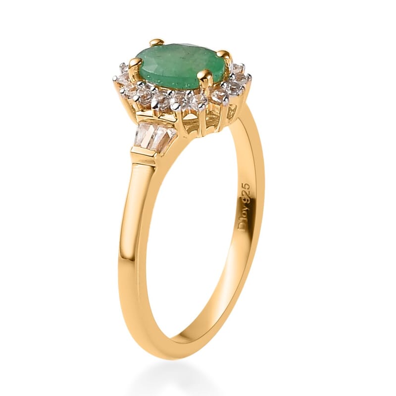 Kagem Zambian Emerald and White Zircon Ring in Vermeil Yellow Gold Over Sterling Silver (Size 7.0) 1.15 ctw