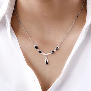 Simulated Black Diamond Necklace in Sterling Silver and Stainless Steel 18 Inches