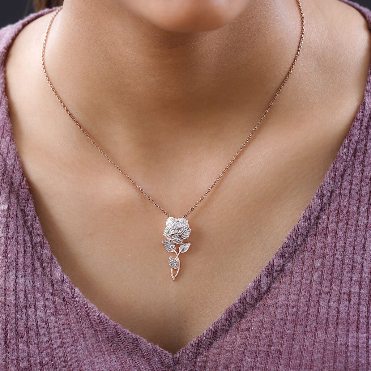 Diamond Accent Rose Pendant without Chain in 14K Rose Gold Over Sterling Silver image number 2