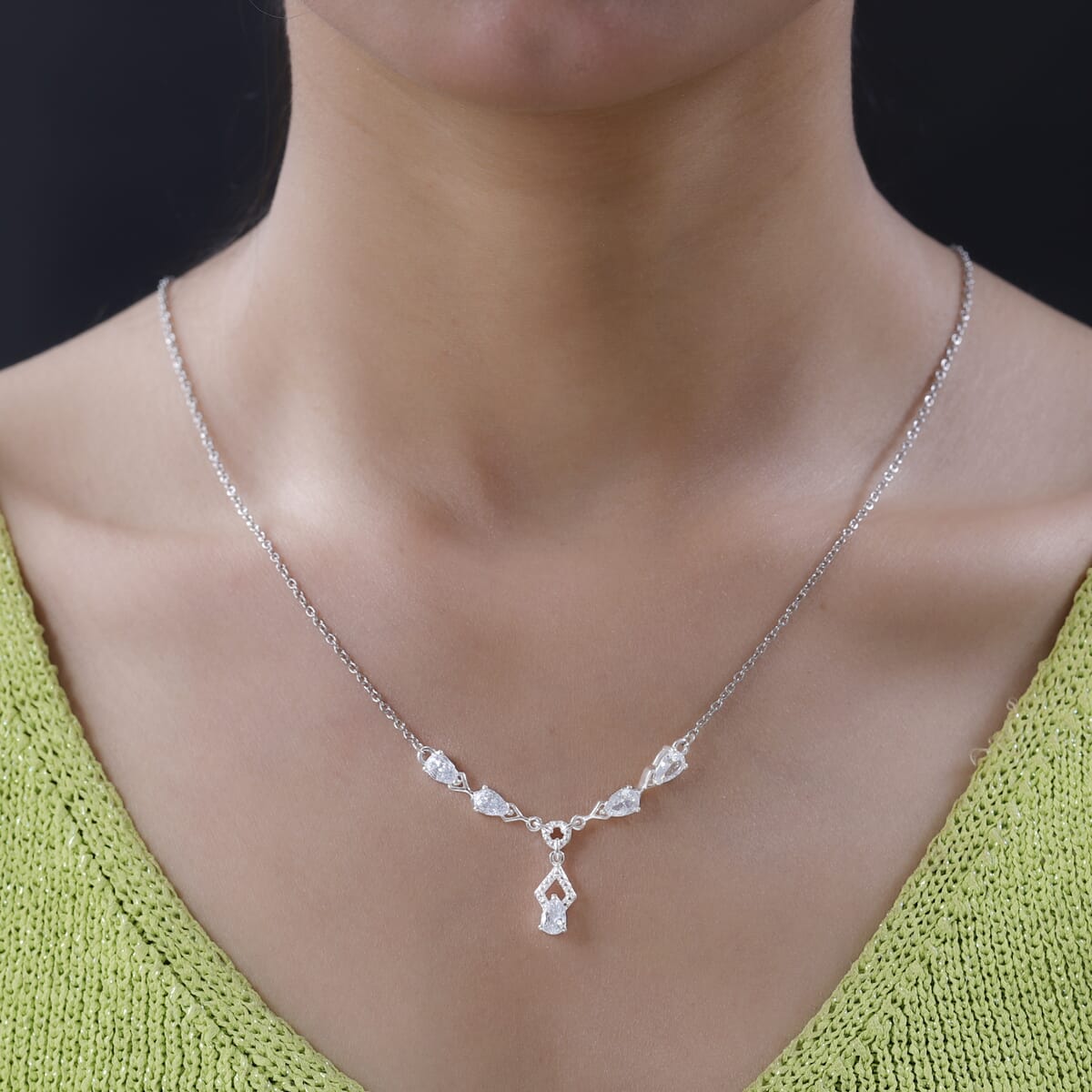 Simulated Diamond Necklace in Sterling Silver and Stainless Steel 18 Inches image number 2