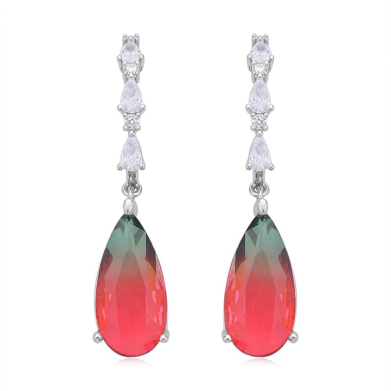 Fusion Multi Color Glass and Simulated Diamond Dangle Earrings in Silvertone